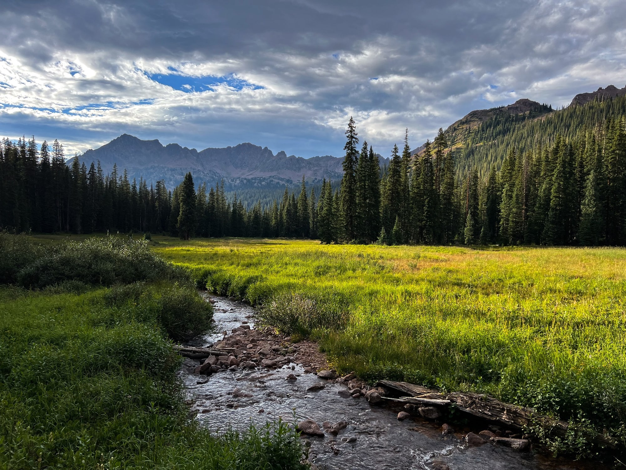 A mountain stream crosses a sunlit meadow beneath evergreen forest, rocky peaks, and dramatic clouds.