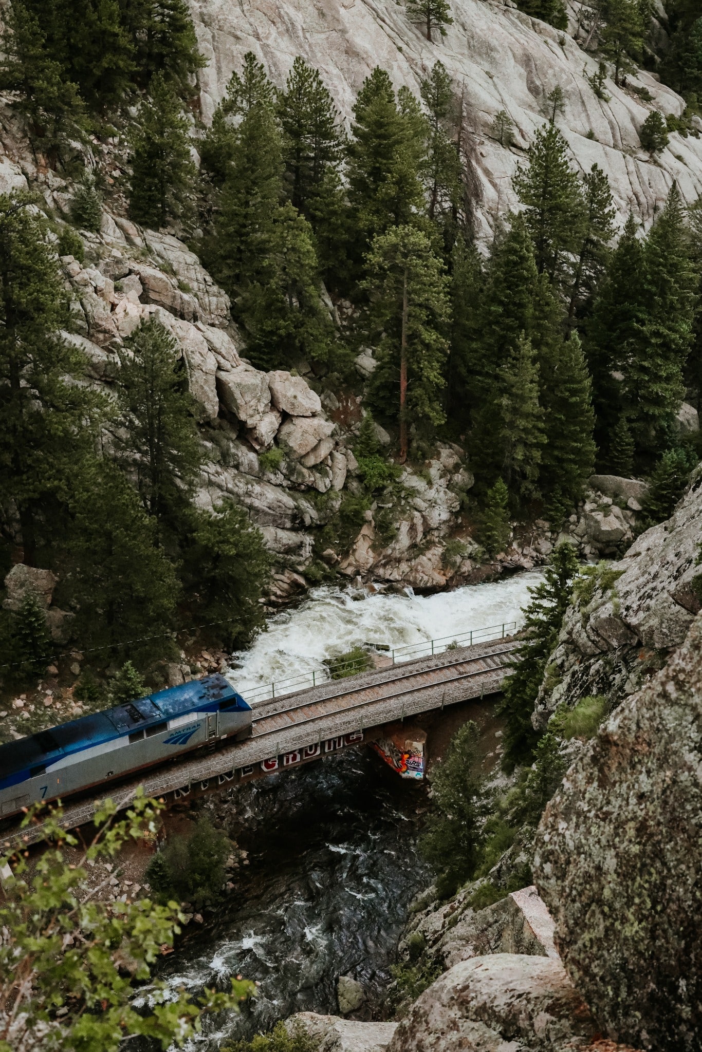 A blue passenger train crosses a bridge over a rushing mountain creek beneath pale rock walls and dense evergreens.