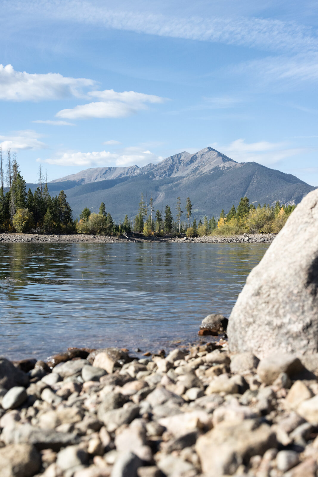A calm alpine lake with a mountain peak and pine shoreline under a clear blue sky, large rocks in the foreground.